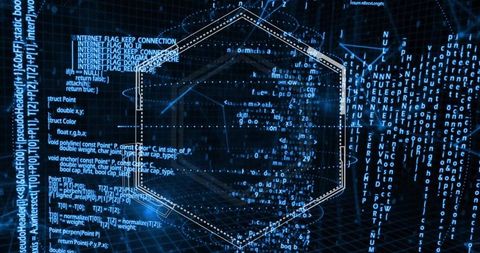Hexagon holographic portal mapping network traffic with code rain futuristic interface