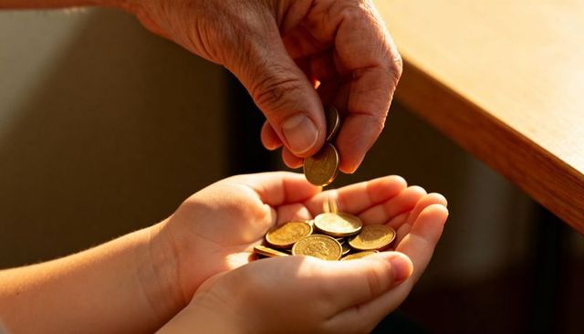 Senior hand giving gold coins to child hands conveying family support, saving, inheritance