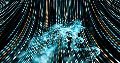 Swirling cyan particle cloud weaving neon ribbon trails through 3d data tunnel, turquoise dots