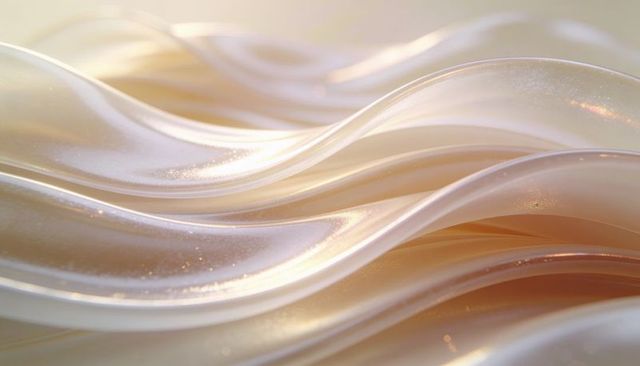 Flowing pearlescent ribbons in champagne satin, iridescent glossy wavy abstract