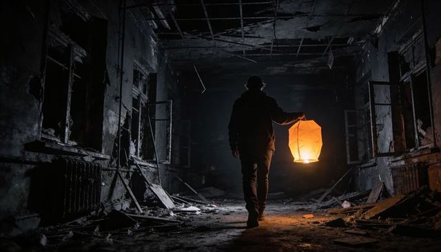 Silhouette holding glowing paper lantern walking through derelict ruined corridor at night