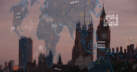 Digital Global Network Overlay with Cityscape Reflections