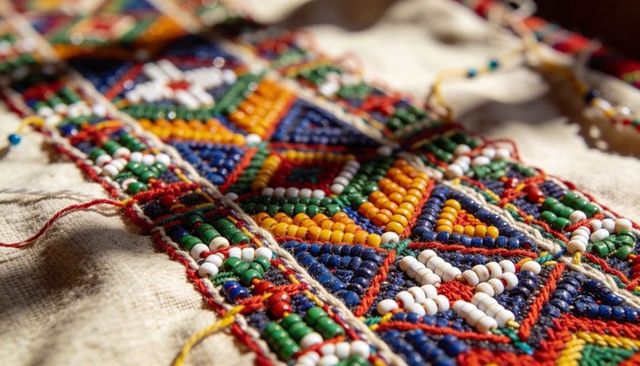 Colorful geometric beadwork embroidered textile band with seed beads and loose threads