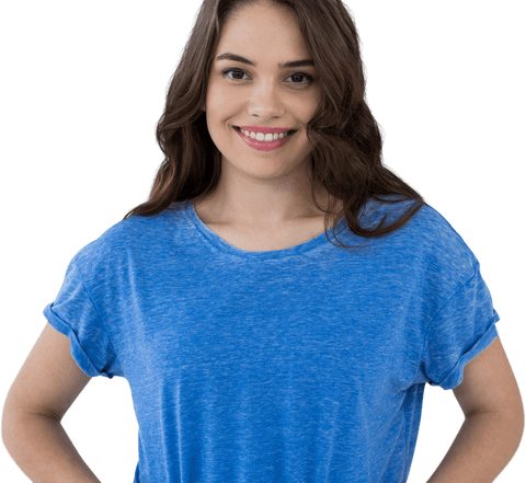 Transparent smiling woman in blue t-shirt portrait