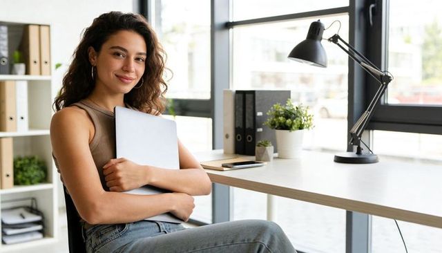 Smiling woman hugging laptop at bright minimalist office desk with plants, lamp, casual jeans