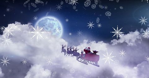 Santa Claus and Reindeer Flying on Magical Christmas Night