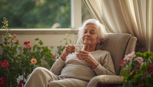 Senior woman sipping tea in sunlit armchair surrounded by flowering plants