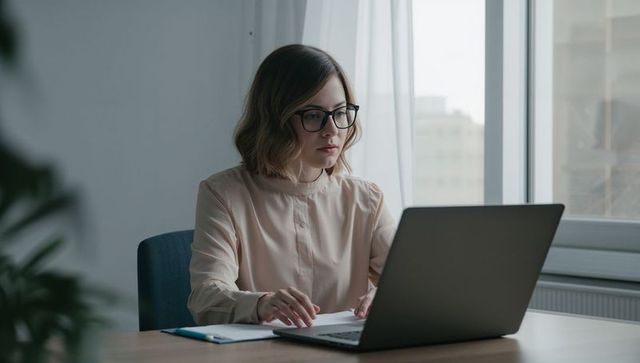 Focused woman working on laptop in bright home office with notepad, glasses, minimal decor