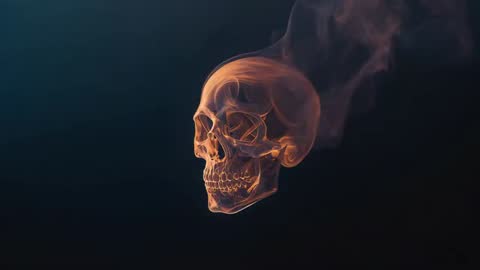 Smoking Skull with Eerie Orange Glow in Dark Abstract Scene