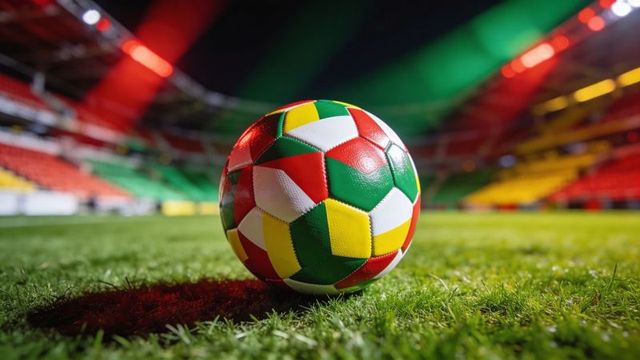 Gleaming multicolored soccer ball resting on illuminated stadium turf at night