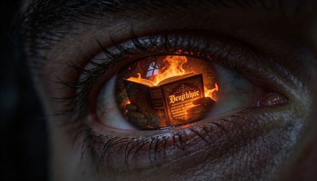 Close-up eye reflecting burning ornate hardcover book, flames and embers in iris