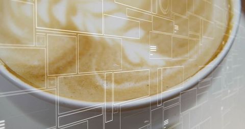 Latte foam closeup with geometric digital overlay for cafe tech branding and background