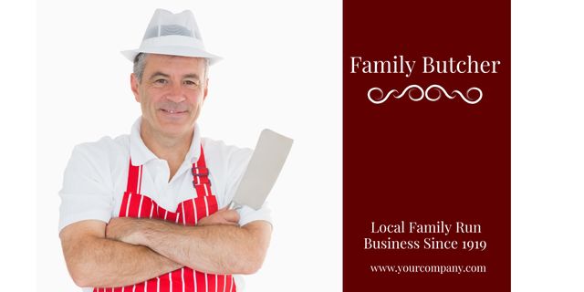 Image showcases an experienced butcher wearing a red apron holding a cleaver, highlighting the trustworthiness and tradition of a family-run meat business. Ideal for use in advertisements, promotional materials, website banners, and social media posts for a local butcher shop or meat business emphasizing their long-standing presence, craftsmanship, and commitment to quality meat products.