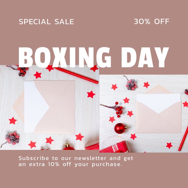 Image features a Boxing Day sale promotion with text overlay on a background of festive Christmas decorations including an envelope, red stars, and holiday elements. Ideal for use in retail advertising, social media promotions, email marketing campaigns, and store posters to attract customers with seasonal discounts and offers.