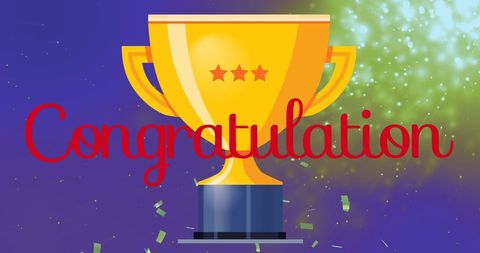 Victory celebration with golden trophy and confetti