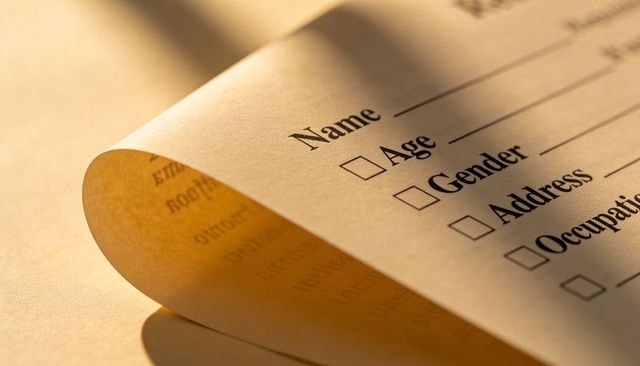 Curled Printed Form Showing Name Age Gender Address Occupation under Warm Directional Light