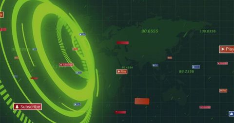 Neon Green HUD Rings Over Dark Grid World Map With Floating Subscribe Play Tags Analytics