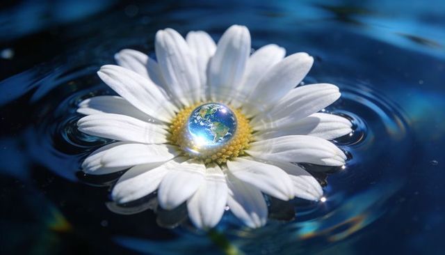 Floating daisy cradling miniature earth water droplet on dark blue rippled water surface
