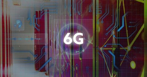 Futuristic 6g network in a data hub with circuit lines and server racks