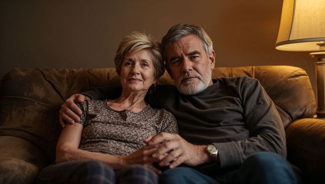Senior Couple Holding Hands on Sofa Sharing Quiet Evening in Cozy Living Room