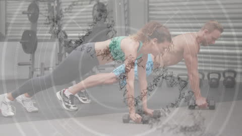 Digital DNA Strand Overlay with People Exercising in Gym