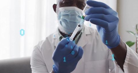 Doctor Preparing Vaccine with Digital Binary Overlay