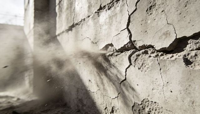 Sunlit cracked concrete wall shedding plaster and expelling dust, weathered facade texture