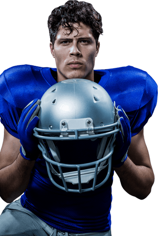 Transparent background determined american football player holding helmet