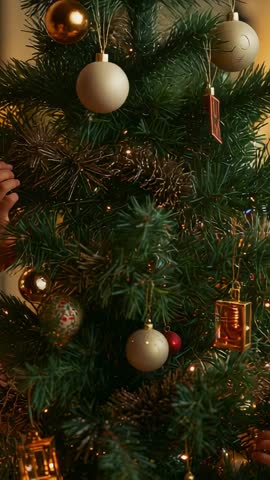 Hands decorating Christmas tree with baubles and tinsel in cozy home vertical video