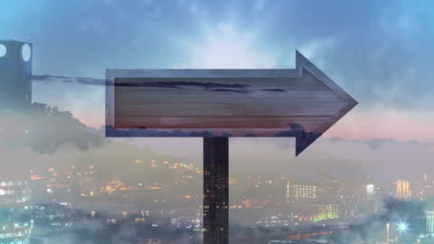 Dynamic Cityscape Overlaid with Transparent Arrow Graphic