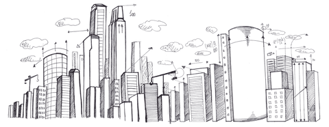 Hand-Drawn Cityscape Illustration on Transparent Background
