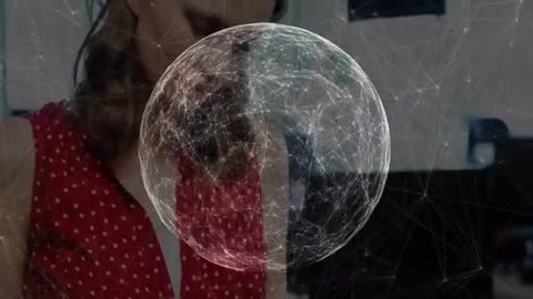 Businesswoman Navigating Digital Globe on Tablet in Modern Office