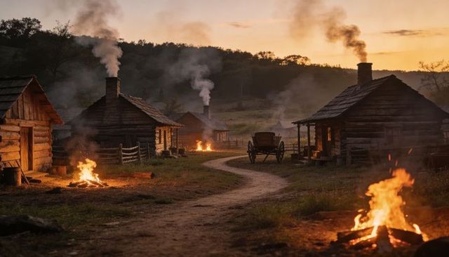 Frontier dusk village with glowing campfires and drifting smoke from rustic log cabins