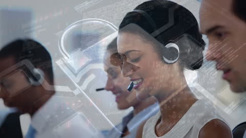 Diverse Business Professionals Using Headsets in Tech Environment