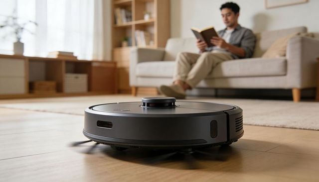 Autonomous robot vacuum cleaning hardwood floor while man reading on sofa, living room