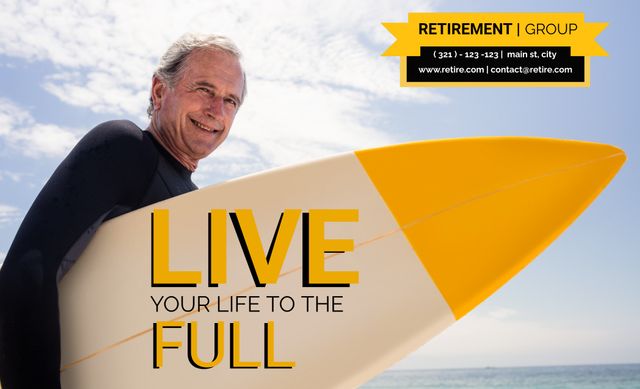 Senior Man Holding Surfboard Embracing Adventurous Retirement Lifestyle - Download Free Stock Templates Pikwizard.com