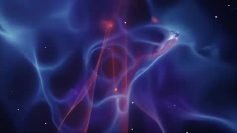 Futuristic Red Energy Streams in Luminous Blue Nebula