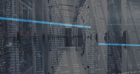 Futuristic Data Center with Floating Code Overlay