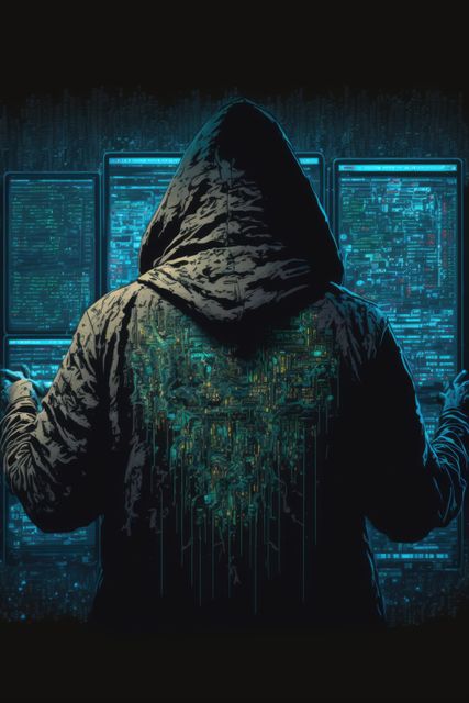 Hooded figure engaging with multiple computer screens filled with complex code in a darkened, tech-centric environment. Perfect for illustrating concepts related to cybersecurity, hacking, programming, or digital technology for articles, blogs, websites, presentations, and flyers.