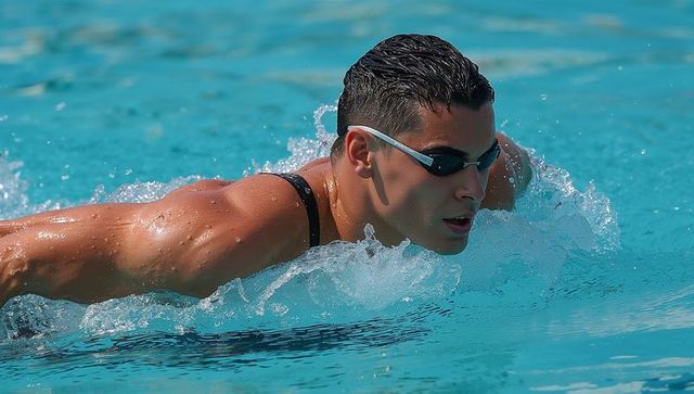 Male competitive swimmer powering through bright blue pool splash in butterfly stroke