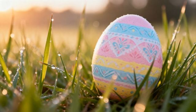 Pastel easter egg nestling in dewy grass at golden hour with sunrise bokeh macro dew drops