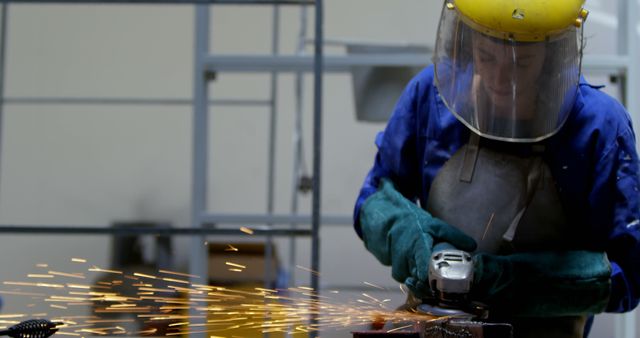 Industrial worker grinding metal, generating a stream of sparks. Dressed in safety gear including gloves, face shield, and welding helmet. Ideal for articles about workplace safety, industrial job descriptions, construction, manual labor skills, or safety gear advertisements.