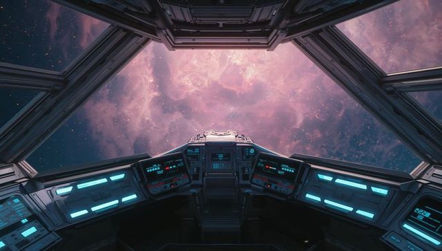Futuristic spacecraft cockpit overlooking vibrant nebula