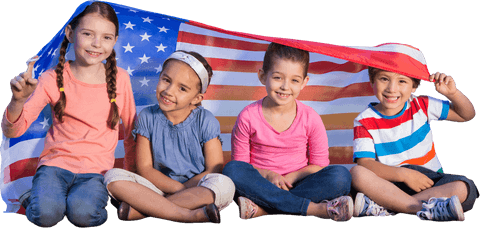 Happy diverse children holding usa flag on transparent background