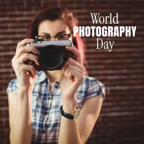 woman holding camera celebrating world photography day - Download Free Stock Templates Pikwizard.com