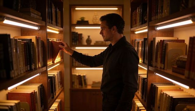 Man selecting book in warmly lit library aisle with wooden shelves and led lighting