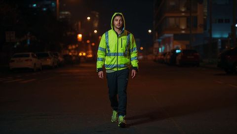 Nighttime urban pedestrian walking in neon reflective jacket and hi-vis shoes