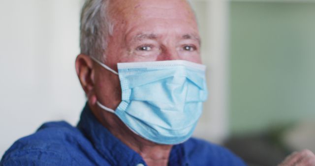 Elderly man wearing a medical face mask indoors. Useful for themes related to healthcare, safety measures during COVID-19 pandemic, protecting vulnerable populations, medical practices, social awareness, and senior care.