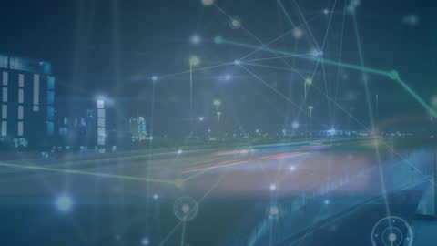 Digital Network Connections Overlay on Night Cityscape