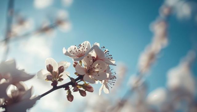 Soft pink cherry blossoms blooming on slender branch against clear blue sky spring closeup